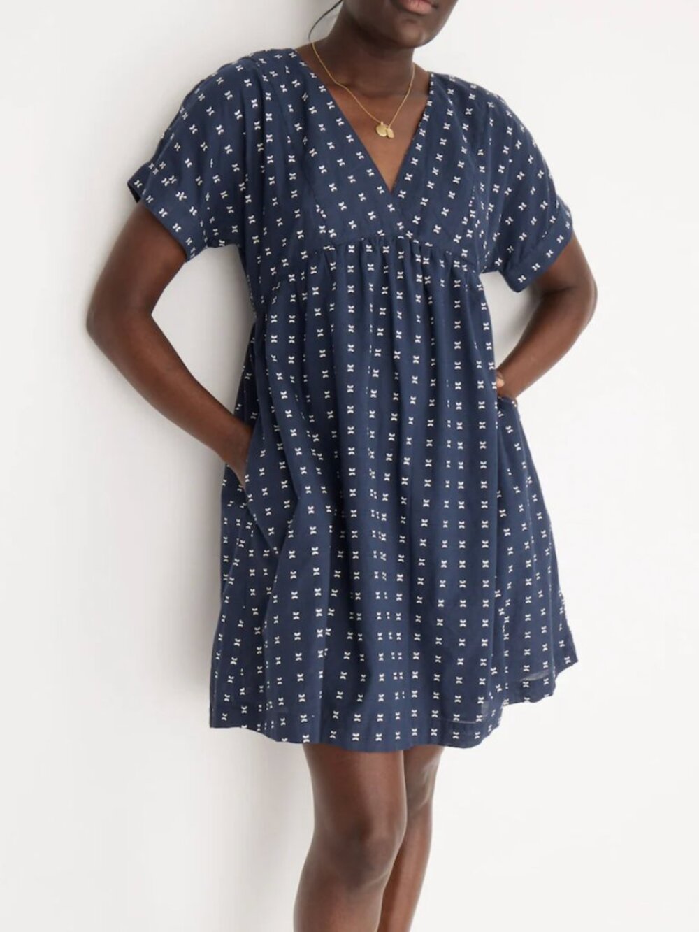 MADEWELL Navy Textured Dot V-Neck Dolman-Sleeve Mini Dress sz XXS